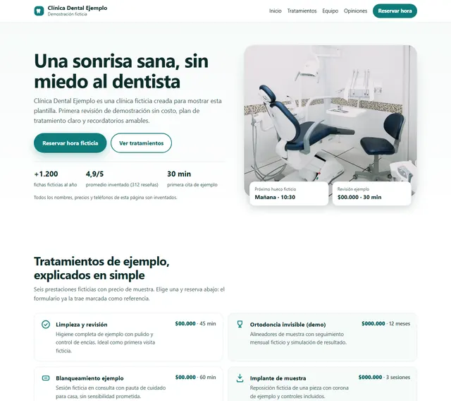 Landing de Clínica Dental Ejemplo: portada en verde azulado con un box dental, título «Una sonrisa sana, sin miedo al dentista» y tratamientos con precio.