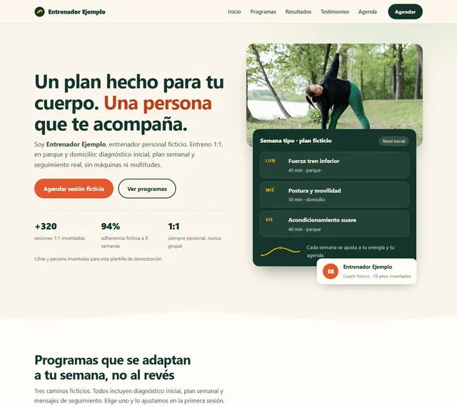 Landing de Entrenador Ejemplo: portada crema con una sesión en el parque, título «Un plan hecho para tu cuerpo» y una semana tipo de entrenamiento.