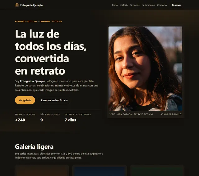 Landing de Fotografía Ejemplo: portada negra con un retrato en luz dorada, título «La luz de todos los días convertida en retrato» y una galería.