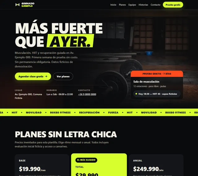 Landing de Gimnasio Ejemplo: portada negra con verde lima, título «Más fuerte que ayer», franja de disciplinas y tres planes con precio.
