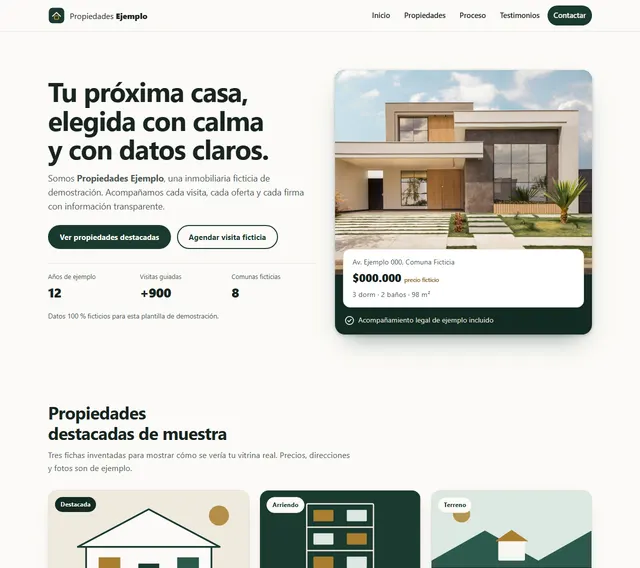 Landing de Propiedades Ejemplo: portada clara con una casa moderna, título «Tu próxima casa, elegida con calma y con datos claros» y propiedades destacadas.