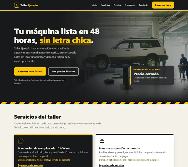 Landing de Taller Ejemplo: portada oscura con amarillo y un auto en el elevador, título «Tu máquina lista en 48 horas, sin letra chica» y servicios del taller.