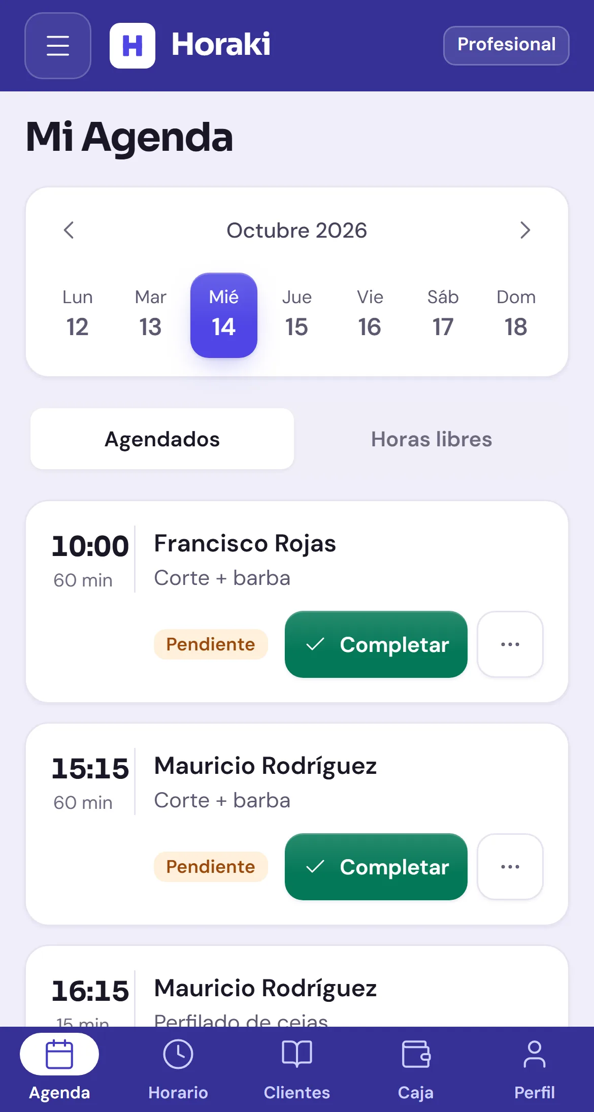 Agenda de Horaki: citas del día pendientes, cada una con su botón Completar. Datos de demostración.