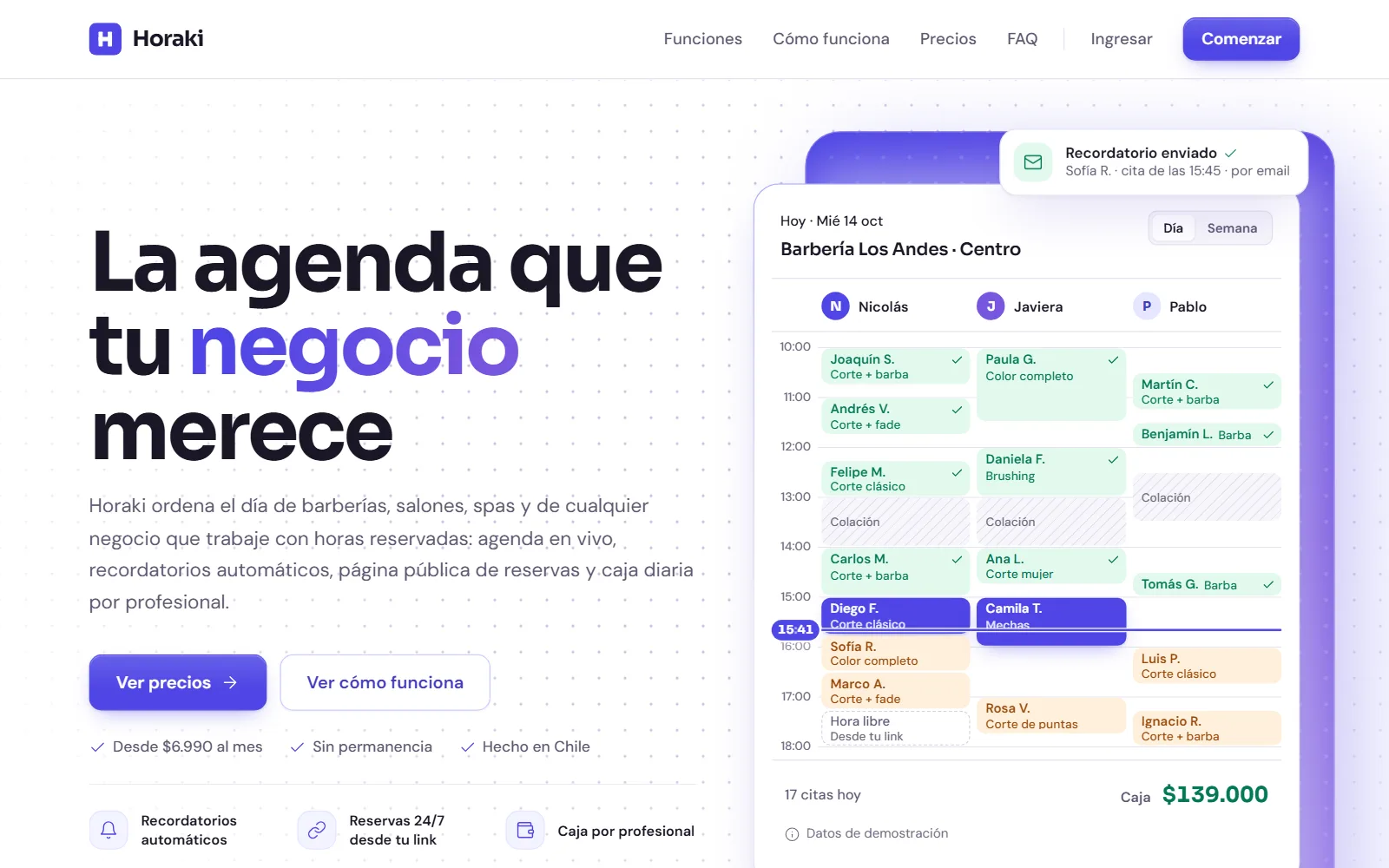 Portada de horaki.cl: «La agenda que tu negocio merece», con la agenda del día de una barbería. Datos de demostración.